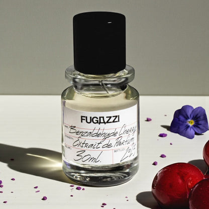Fugazzi Benzaldehyde Cherry perfume sample styled with cherries and soft shadow to highlight its juicy fruity character.