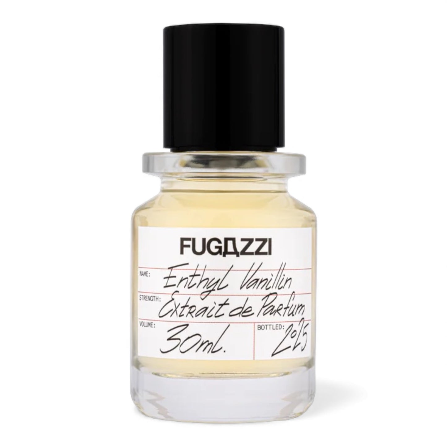 Fugazzi Ethyl Vanillin fragrance sample, a warm vanilla gourmand scent with caramel, amber and soft woods shown in retail bottle for decanting.