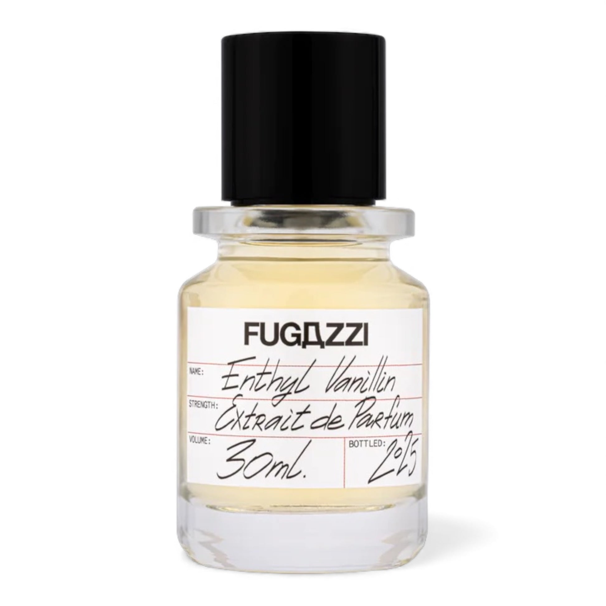 Fugazzi Ethyl Vanillin fragrance sample, a warm vanilla gourmand scent with caramel, amber and soft woods shown in retail bottle for decanting.