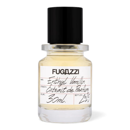 Fugazzi Ethyl Vanillin fragrance sample, a warm vanilla gourmand scent with caramel, amber and soft woods shown in retail bottle for decanting.