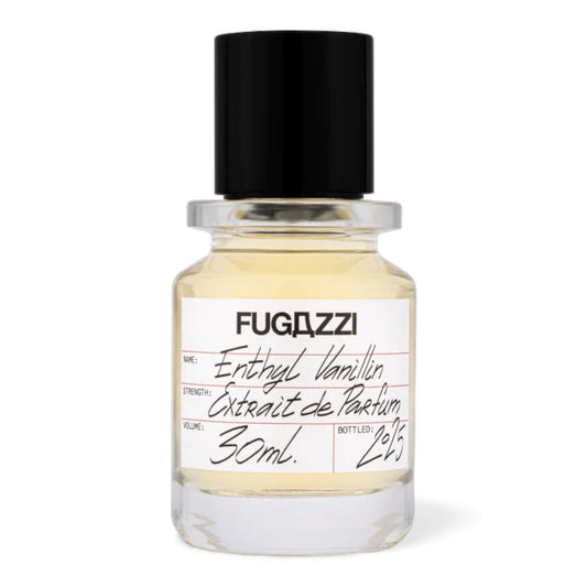 Fugazzi Ethyl Vanillin fragrance sample, a warm vanilla gourmand scent with caramel, amber and soft woods shown in retail bottle for decanting.