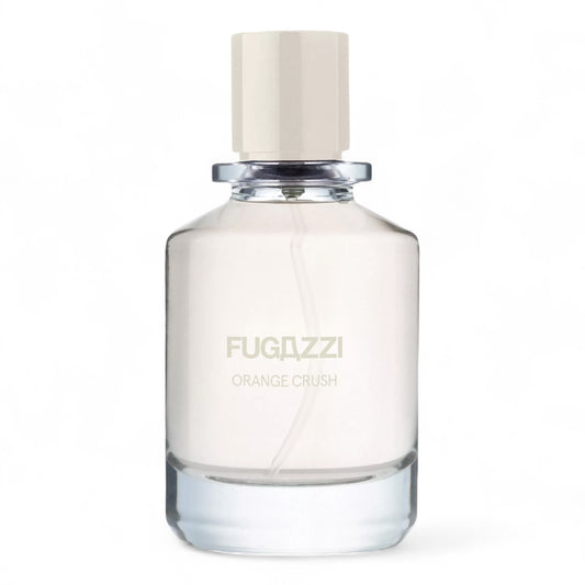 Fugazzi Orange Crush fragrance sample – citrus-amber scent with orange, white amber and woods, shown in 100ml full-size bottle.