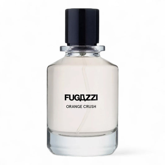 Fugazzi Orange Crush Extrait fragrance sample - bold citrus and spicy woods with orange, musk and Akigalawood. 100ml full-size bottle shown