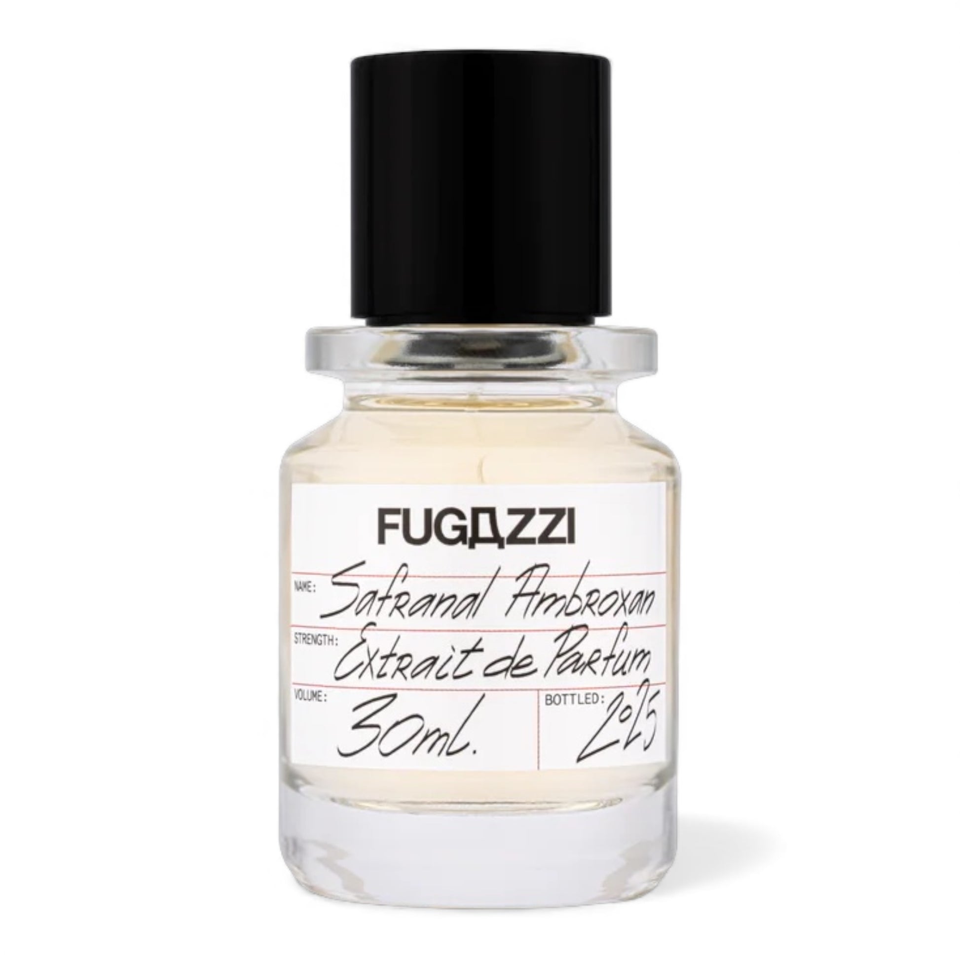 Fugazzi Safranal Ambroxan fragrance sample, a bold saffron and amber scent with woody resinous notes shown in retail bottle for decanting.