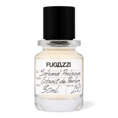 Fugazzi Safranal Ambroxan fragrance sample, a bold saffron and amber scent with woody resinous notes shown in retail bottle for decanting.