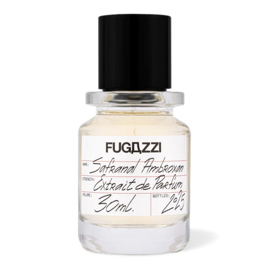 Fugazzi Safranal Ambroxan fragrance sample, a bold saffron and amber scent with woody resinous notes shown in retail bottle for decanting.