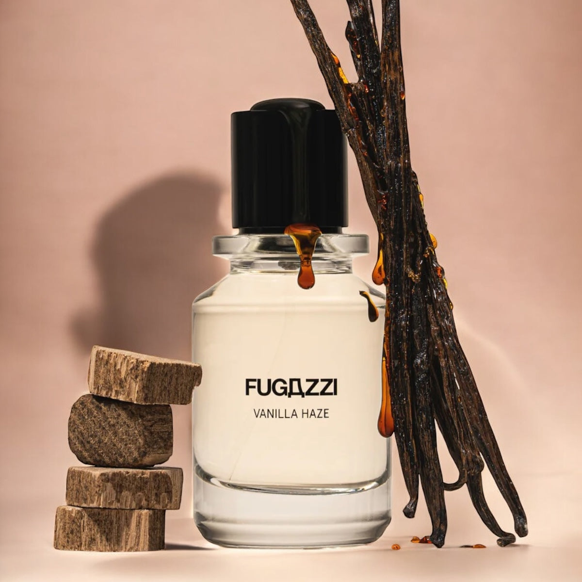 Fugazzi Vanilla Haze Extrait perfume sample – smoky vanilla and spiced caramel styled in a rich, nighttime setting.