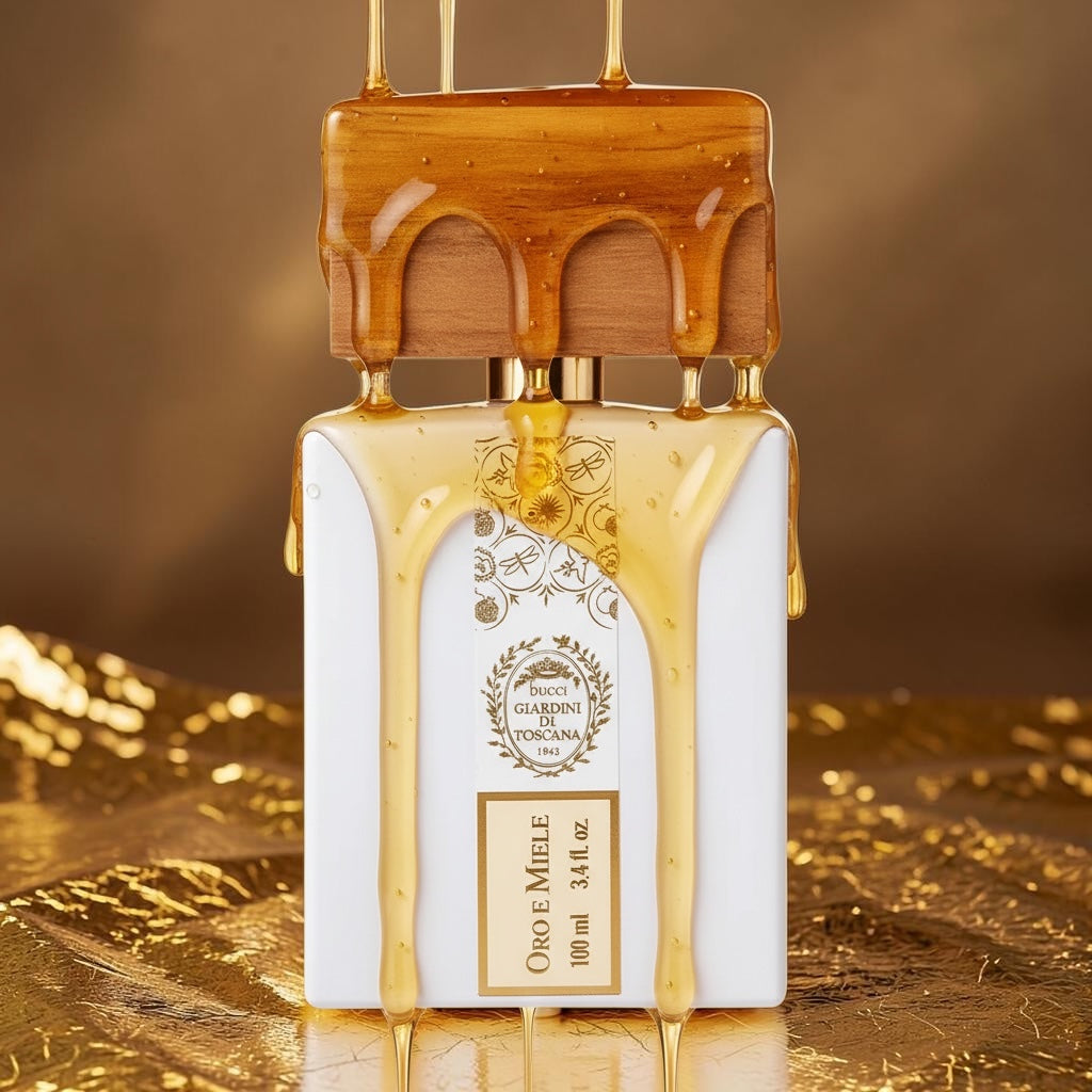 Giardini di Toscana Oro e Miele perfume styled in a warm golden setting with honey