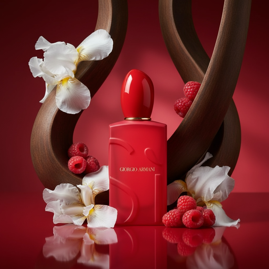 Giorgio Armani Si Passione Red Bloom perfume styled with raspberries and iris flowers