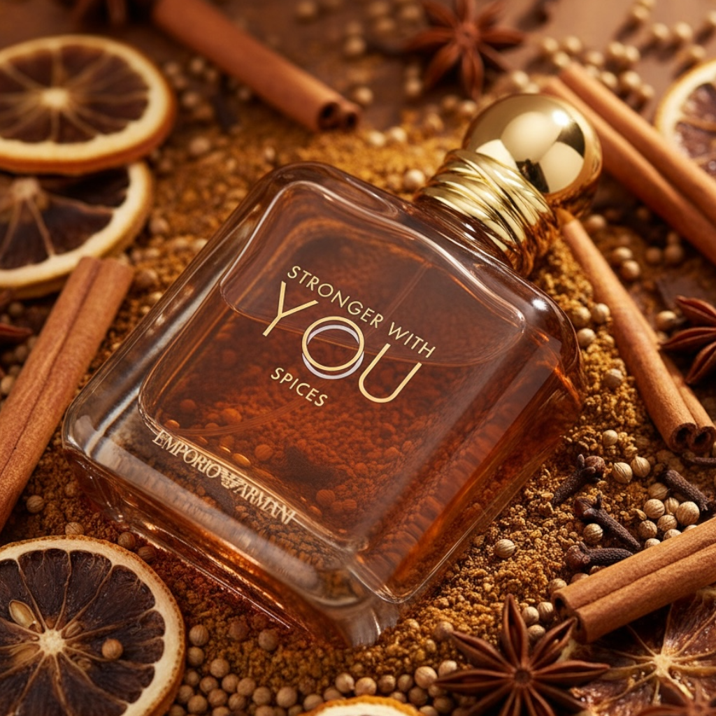 Giorgio Armani Stronger With You Spices styled in a warm, amber-lit setting