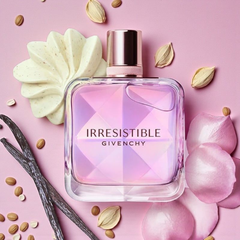 Givenchy Irresistible Nectar perfume sample styled with soft pink and creamy tones to reflect its floral gourmand character.