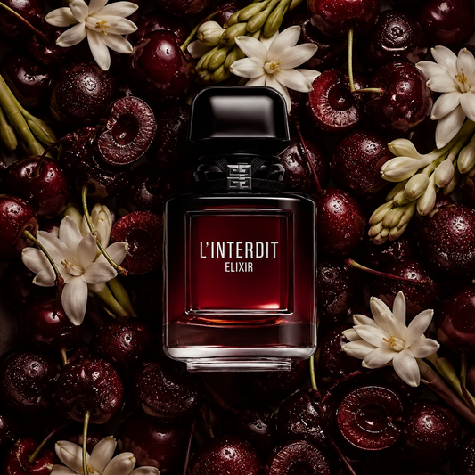 Givenchy L'Interdit Elixir styled with black cherries, white flowers, vanilla and dark amber tones