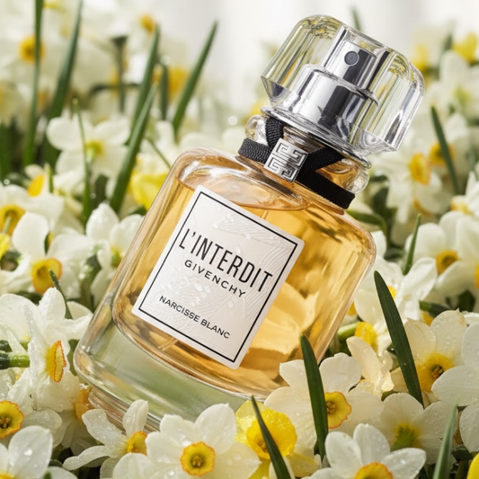 Givenchy L'Interdit Narcisse Blanc styled in a luminous floral setting
