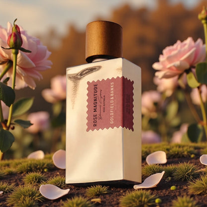 Goldfield and Banks Rose Magnitude perfume styled in a refined, modern setting