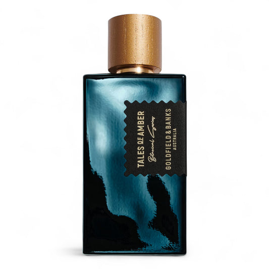 Goldfield & Banks Tales of Amber fragrance sample - powdered orris and warm ambergris with moss and agarwood, pictured full 100ml bottle