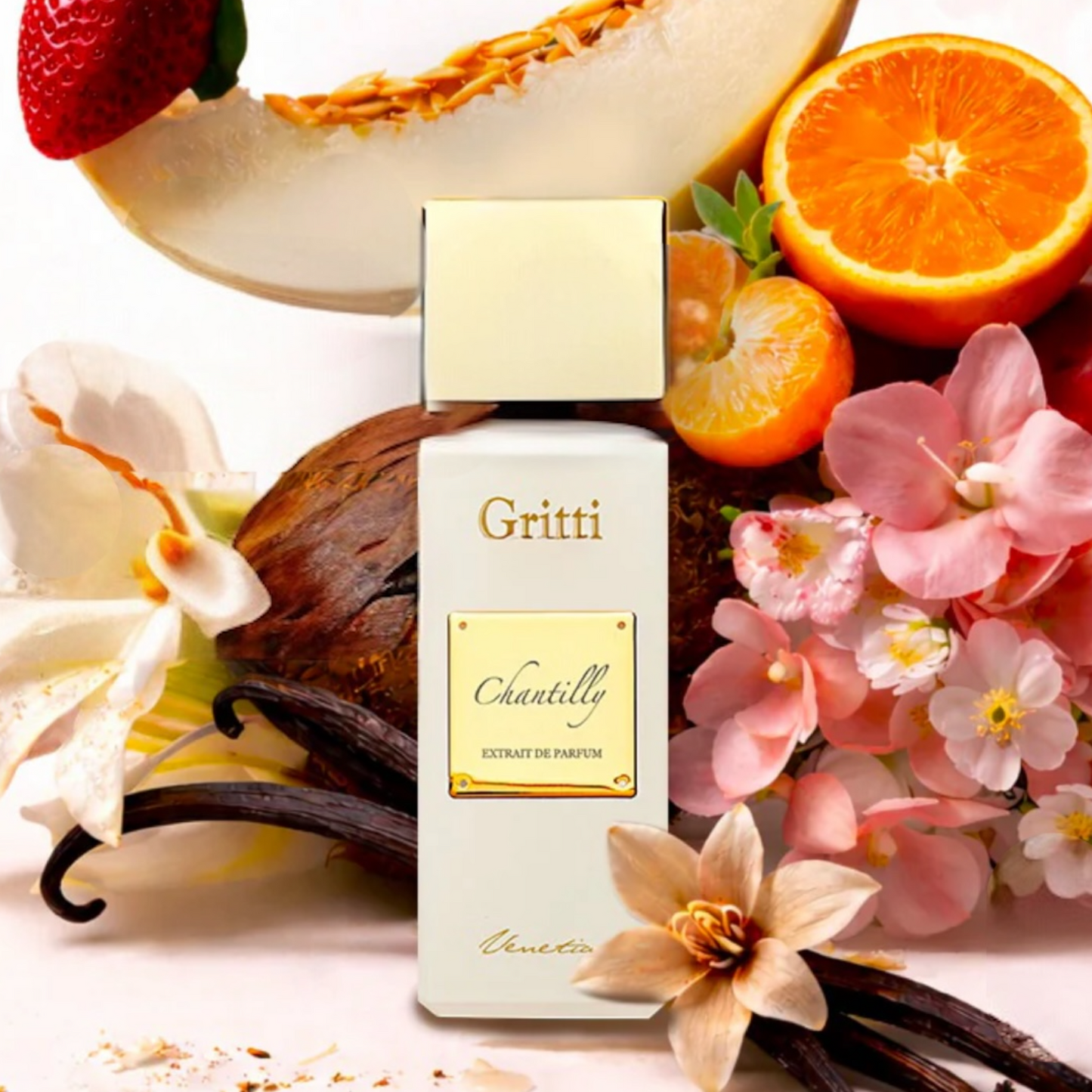 Gritti Chantilly Extrait perfume styled with strawberry and vanilla