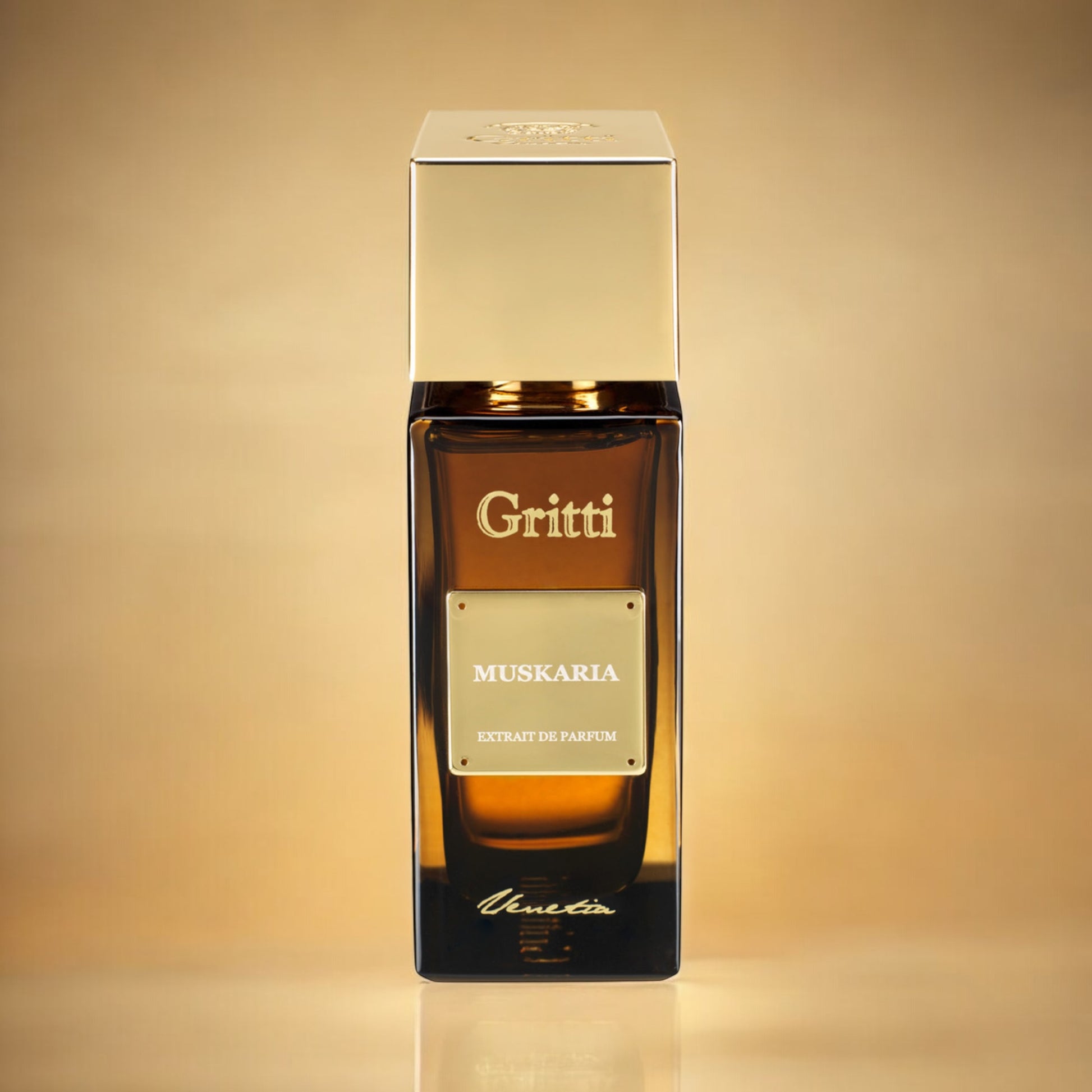  Gritti Muskaria perfume sample – warm spiced musk and leather fragrance, styled in a luxurious setting.