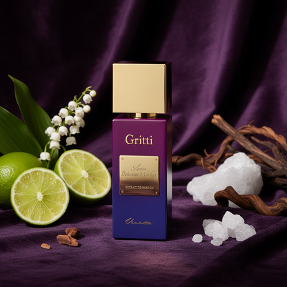 Gritti Silence Between Worlds perfume styled in a dark purple setting with lime, lily of the valley, sea salt and wood