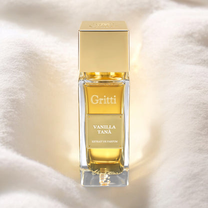 Gritti Vanilla Tanà perfume sample – airy vanilla and white orchid fragrance, styled in a soft, elegant setting.