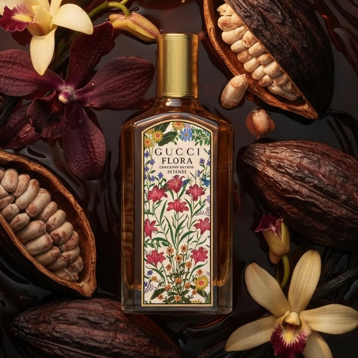 Gucci Flora Gorgeous Orchid Intense styled with vanilla orchid flowers and warm cocoa accents
