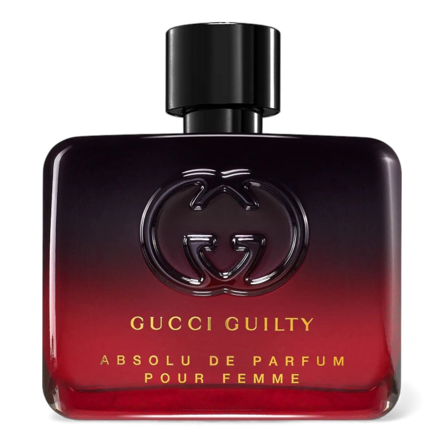 Gucci Guilty Absolu de Parfum Pour Femme fragrance sample – ambery floral scent with mandora, rose, vanilla and coffee amaretto shown in retail bottle for decanting.