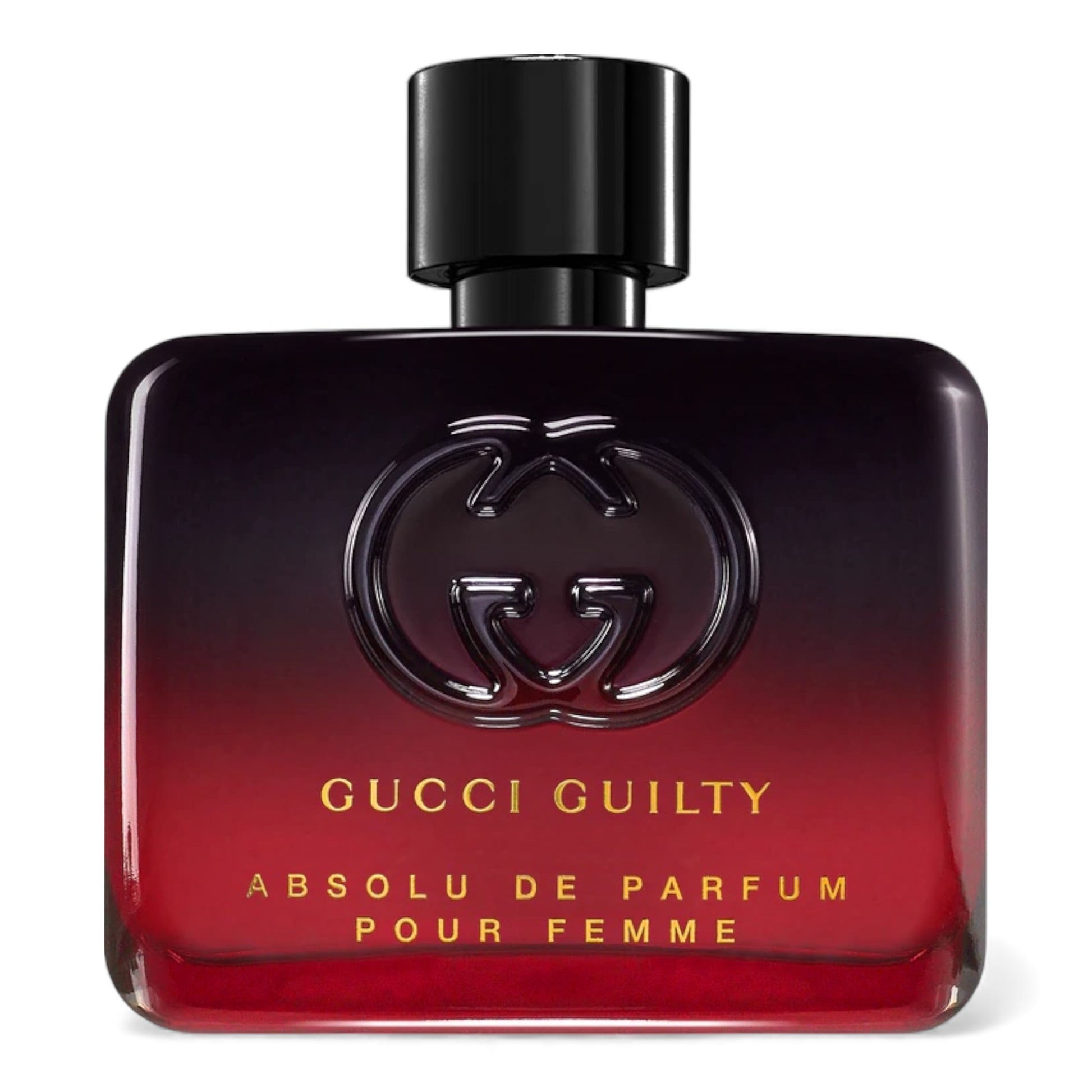 Gucci Guilty Absolu de Parfum Pour Femme fragrance sample – ambery floral scent with mandora, rose, vanilla and coffee amaretto shown in retail bottle for decanting.