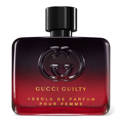 Gucci Guilty Absolu de Parfum Pour Femme fragrance sample – ambery floral scent with mandora, rose, vanilla and coffee amaretto shown in retail bottle for decanting.