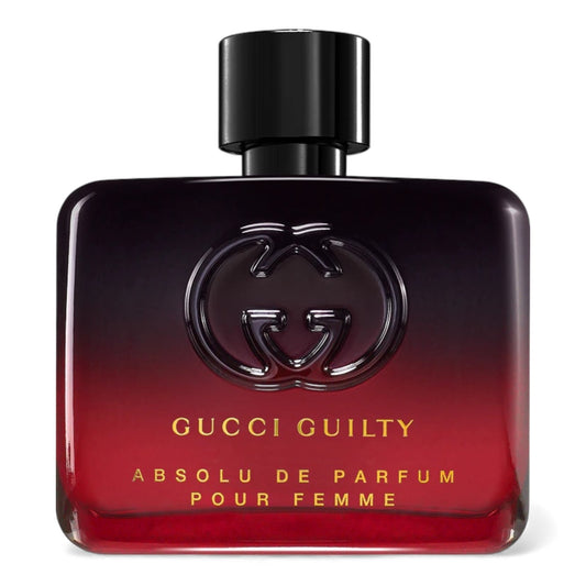 Gucci Guilty Absolu de Parfum Pour Femme fragrance sample – ambery floral scent with mandora, rose, vanilla and coffee amaretto shown in retail bottle for decanting.