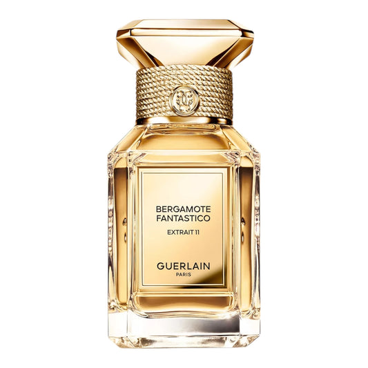 Guerlain Bergamote Fantastico Extrait 11 fragrance sample featuring intense bergamot and smoky amber woods for decanting into 1ml to 10ml glass atomisers.