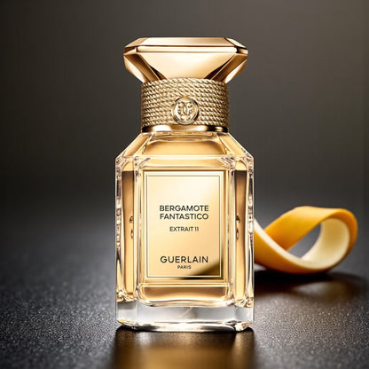 Guerlain Bergamote Fantastico Extrait 11 perfume sample styled with green citrus and warm woody tones to reflect its powerful freshness.