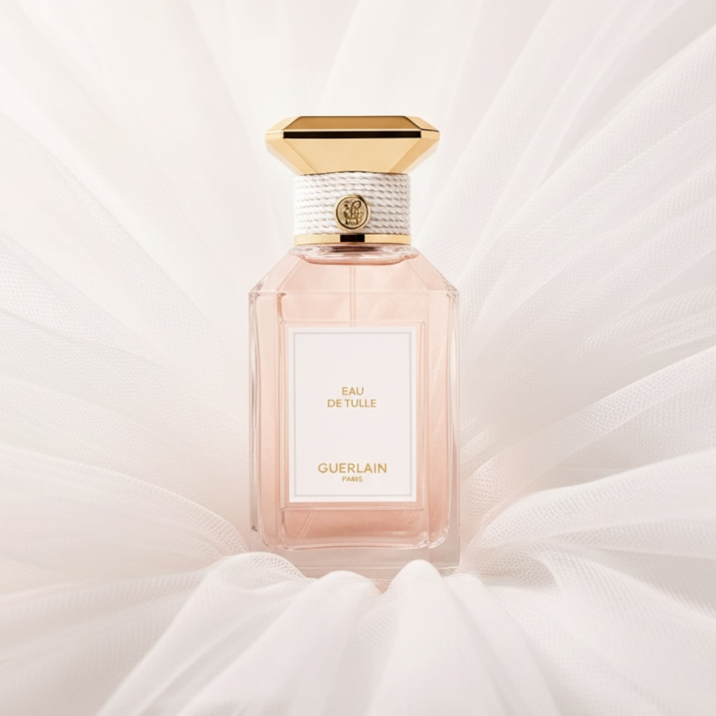 Guerlain Eau de Tulle perfume styled in a light, airy setting