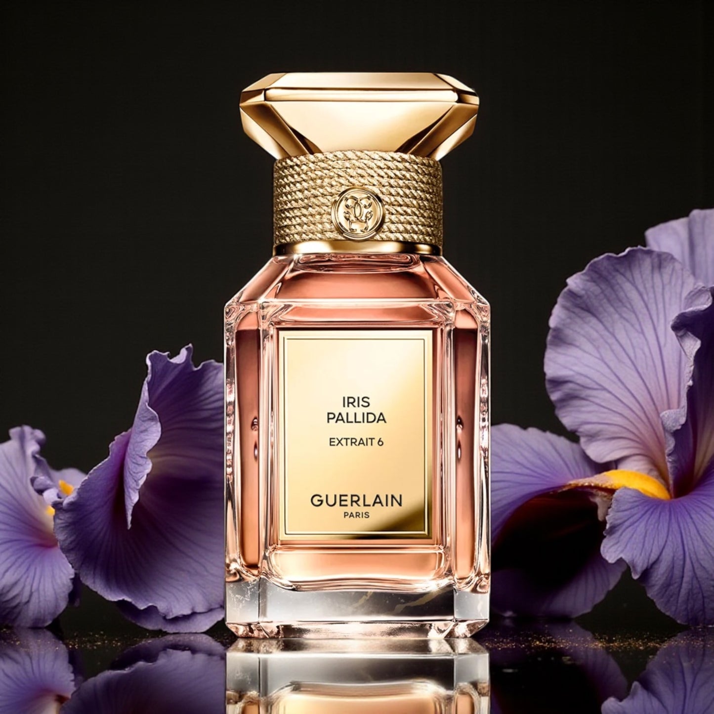 Guerlain Iris Pallida Extrait 6 perfume sample styled with soft iris petals to reflect its elegant powdery character.