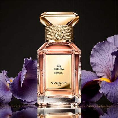 Guerlain Iris Pallida Extrait 6 perfume sample styled with soft iris petals to reflect its elegant powdery character.