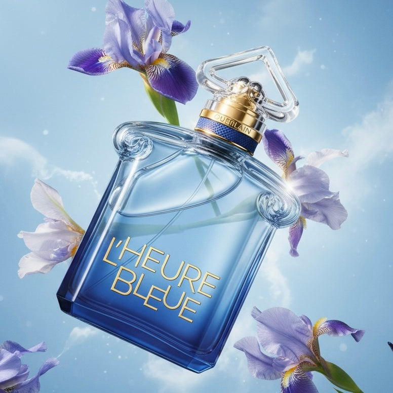 Guerlain L'Heure Bleue styled with blue iris and soft atmospheric light