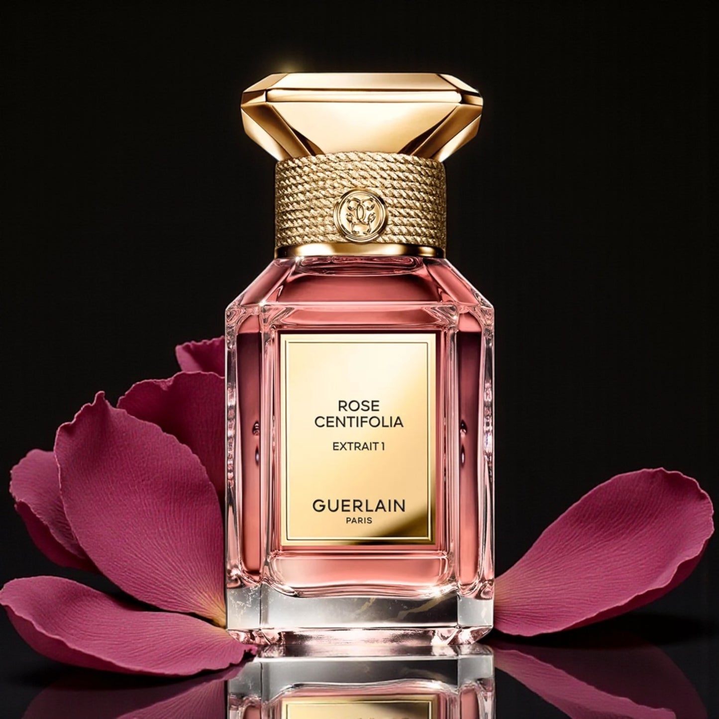 Guerlain Rose Centifolia Extrait 1 perfume sample styled with dark floral tones to reflect its powerful rose and incense character.