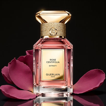 Guerlain Rose Centifolia Extrait 1 perfume sample styled with dark floral tones to reflect its powerful rose and incense character.