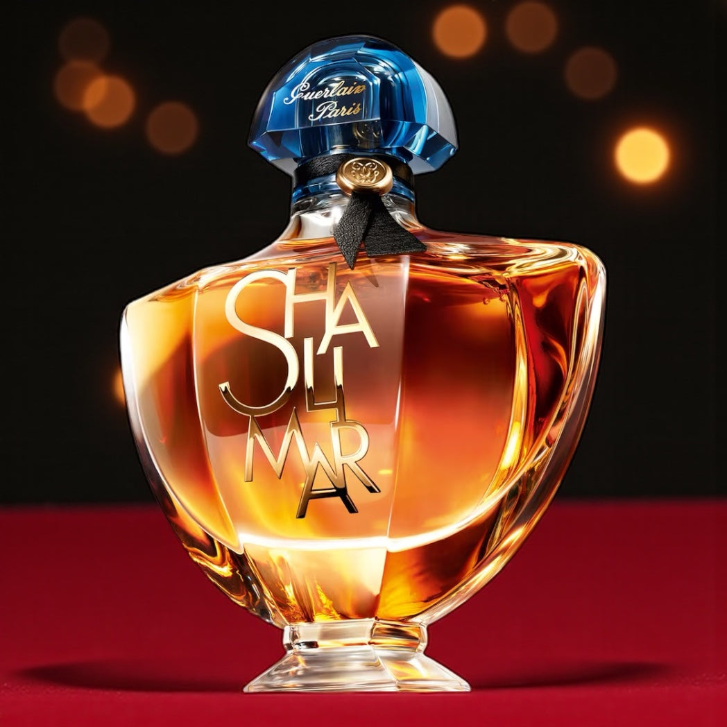 Guerlain Shalimar L’Essence perfume sample – amber vanilla and iris fragrance in a warm golden setting.