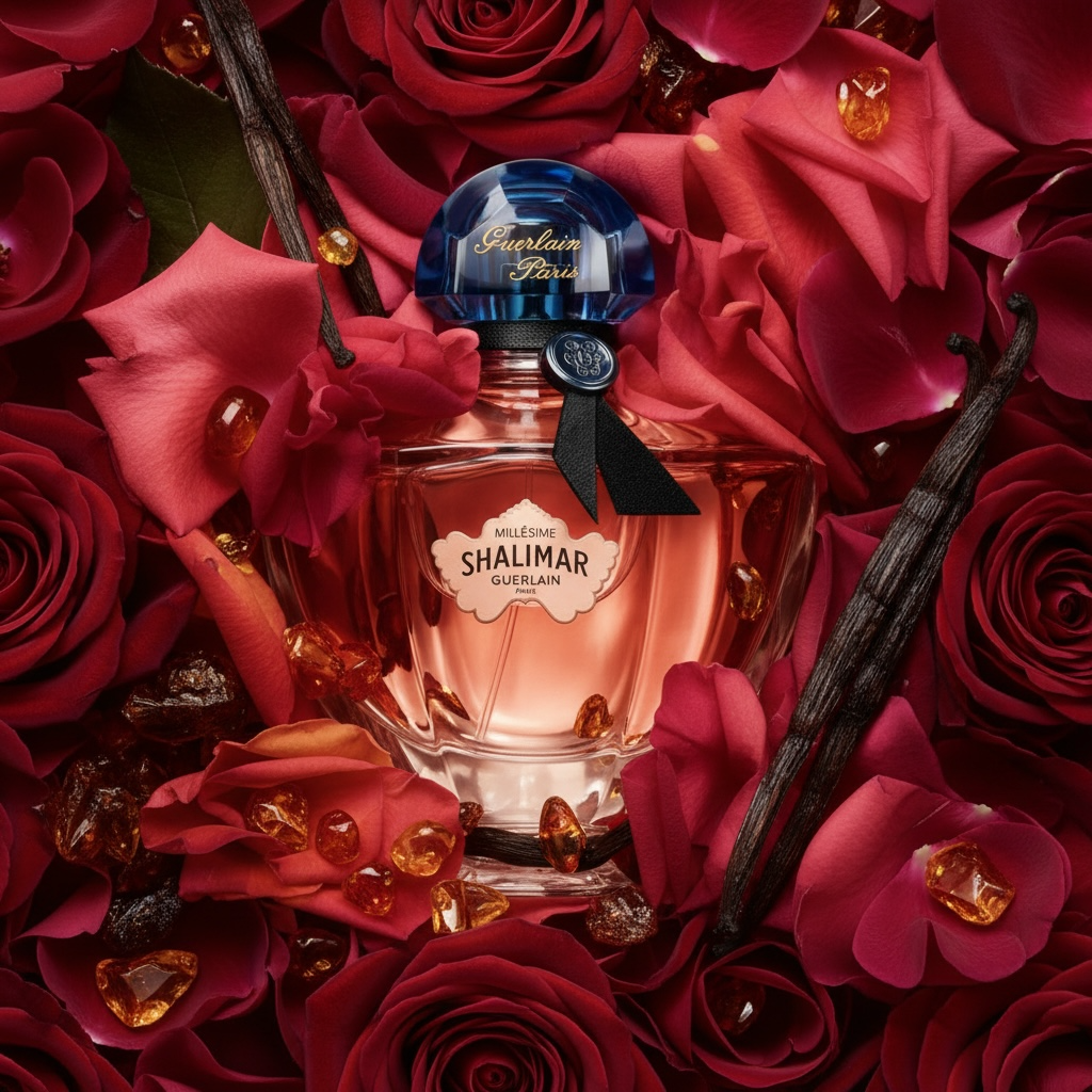 Guerlain Shalimar Millésime Rose perfume styled in an elegant, romantic setting
