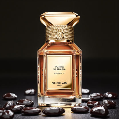 Guerlain Tonka Sarrapia Extrait 75 perfume sample styled with warm golden tones to reflect its deep ambery gourmand character.