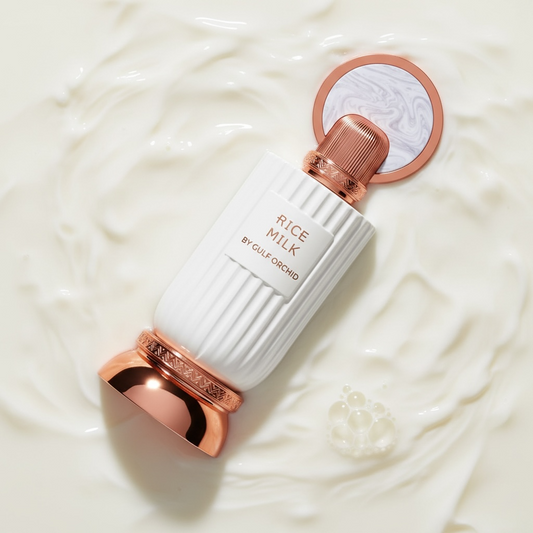 Gulf Orchid Rice Milk perfume styled in a cosy, creamy-inspired setting