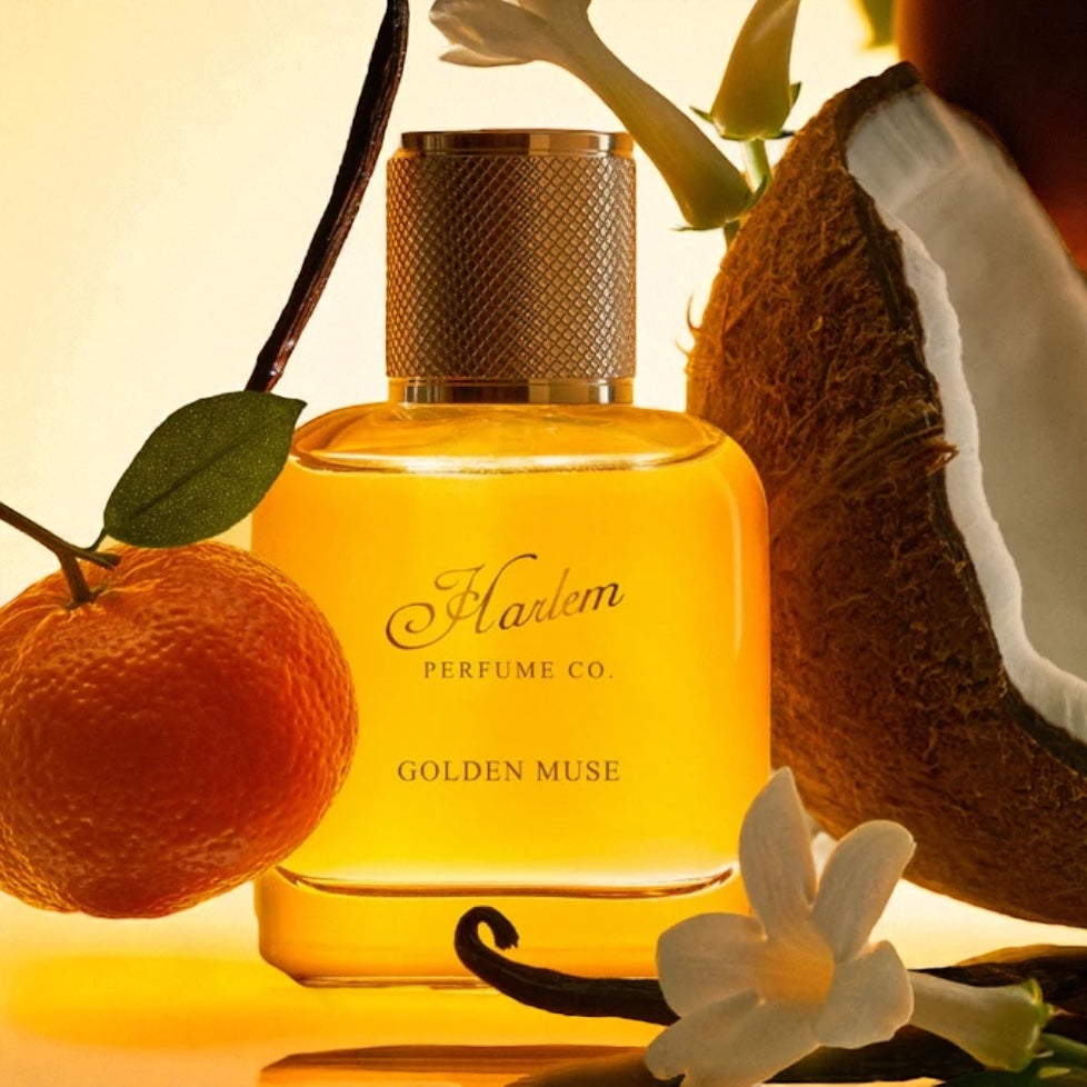 Harlem Perfume Co Golden Muse perfume sample – jasmine, coconut milk, and vanilla notes styled in a sunlit golden setting.