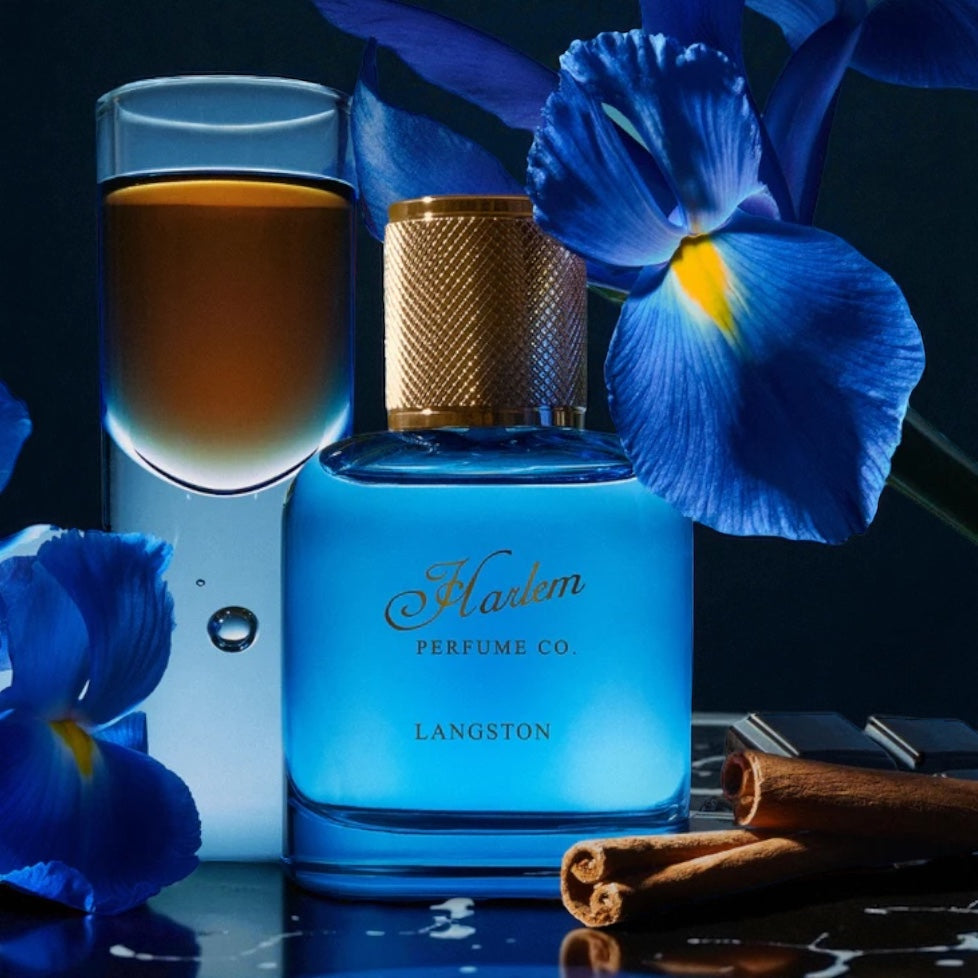 Harlem Perfume Co Langston perfume sample – cinnamon, brandy, and vanilla notes styled in a rich, warm amber setting.