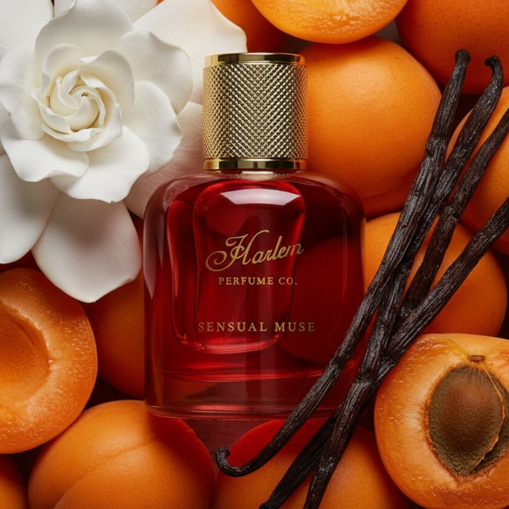 Harlem Perfume Co. Sensual Muse styled with apricots, gardenia flowers, and vanilla beans