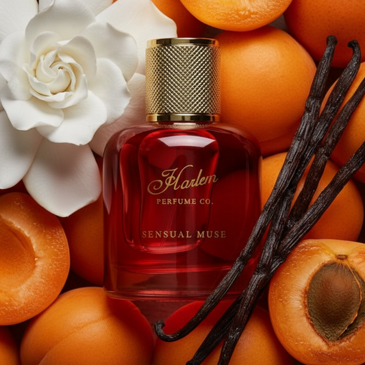 Harlem Perfume Co. Sensual Muse styled with apricots, gardenia flowers, and vanilla beans