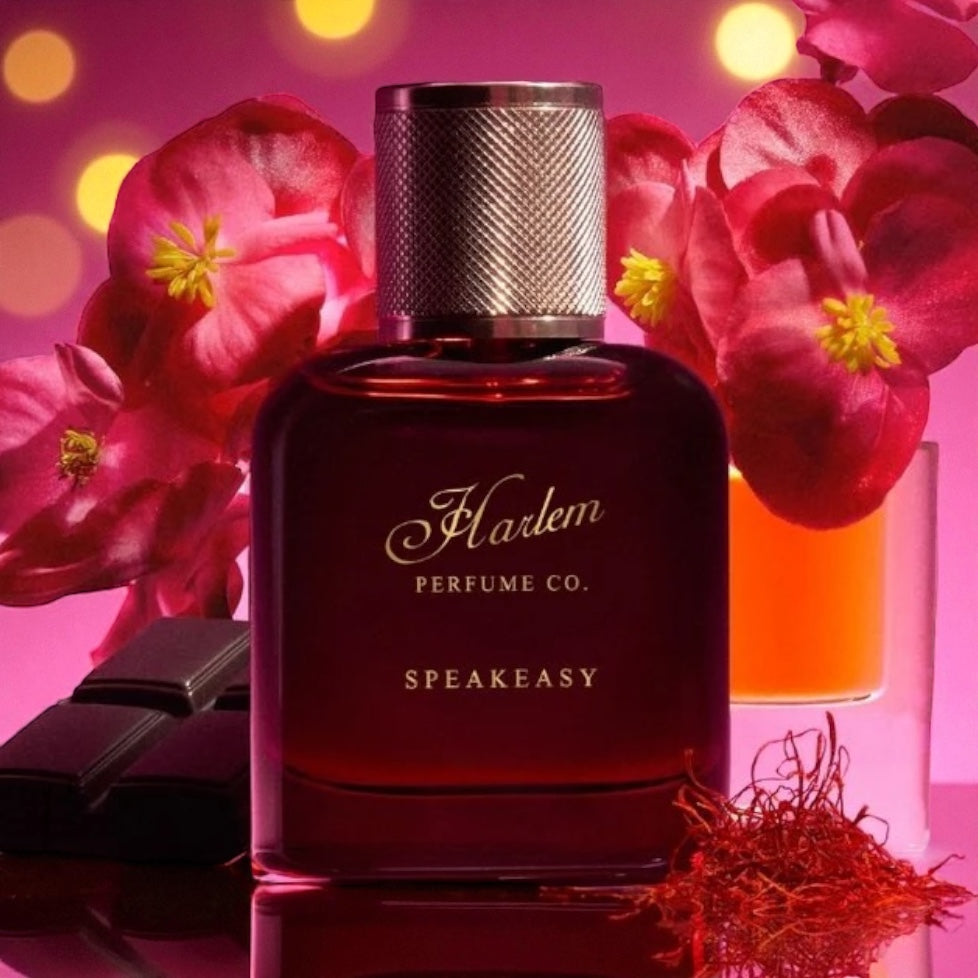 Harlem Perfume Co Speakeasy perfume sample – bourbon, tobacco, and dark chocolate notes styled in a moody speakeasy-inspired setting.