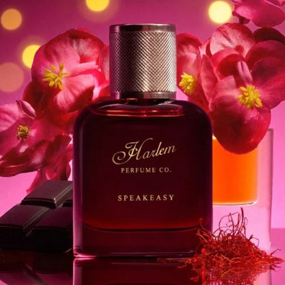 Harlem Perfume Co Speakeasy perfume sample – bourbon, tobacco, and dark chocolate notes styled in a moody speakeasy-inspired setting.