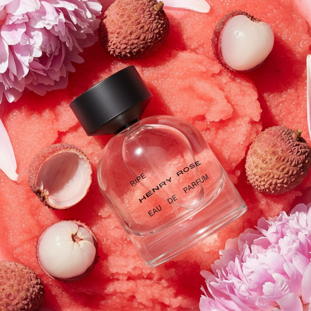 Henry Rose Ripe perfume styled in a fresh, fruity setting