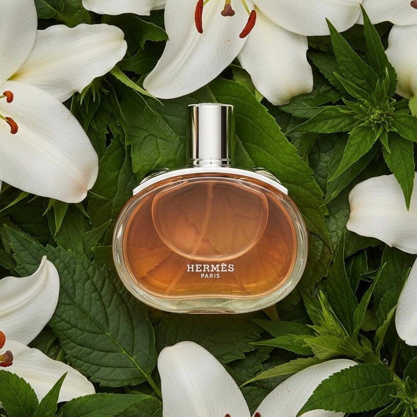 Hermès Barénia Pleine Fleur styled with white lilies and rich patchouli leaves