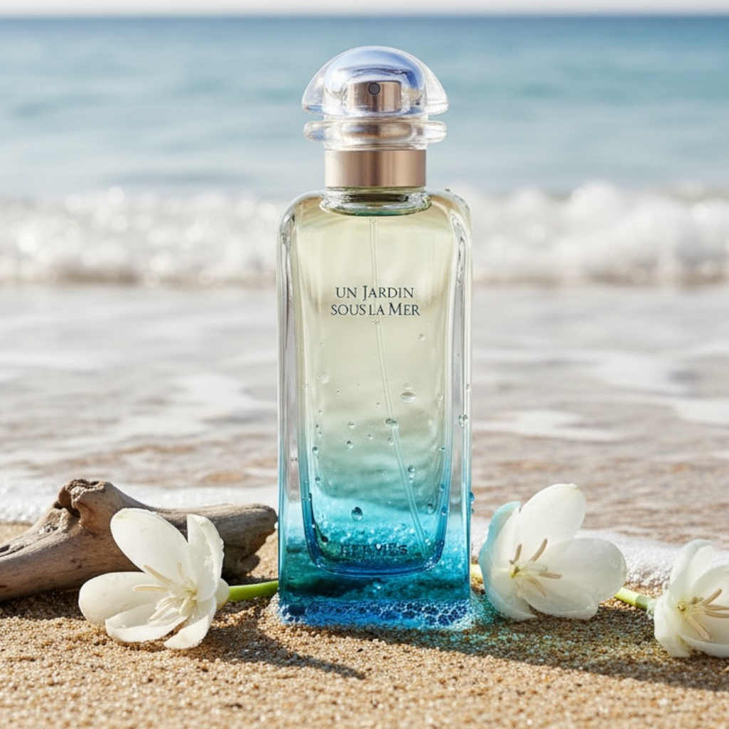 Hermès Un Jardin Sous La Mer perfume styled in a serene, ocean-inspired setting