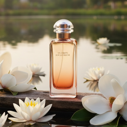 Hermès Un Jardin Sur La Lagune perfume styled in a serene coastal garden setting
